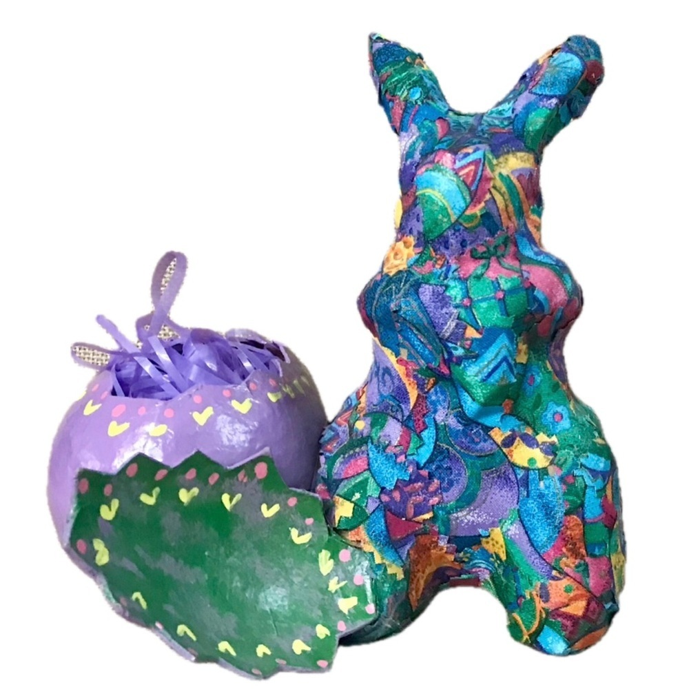 Handmade Paper Mache Easter Bunny with Cracked Egg Candy Holder Centerpiece
